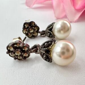 Vintage Marcasite 925 Sterling Silver Faux Pearl Dainty Dangle Earrings Bridal